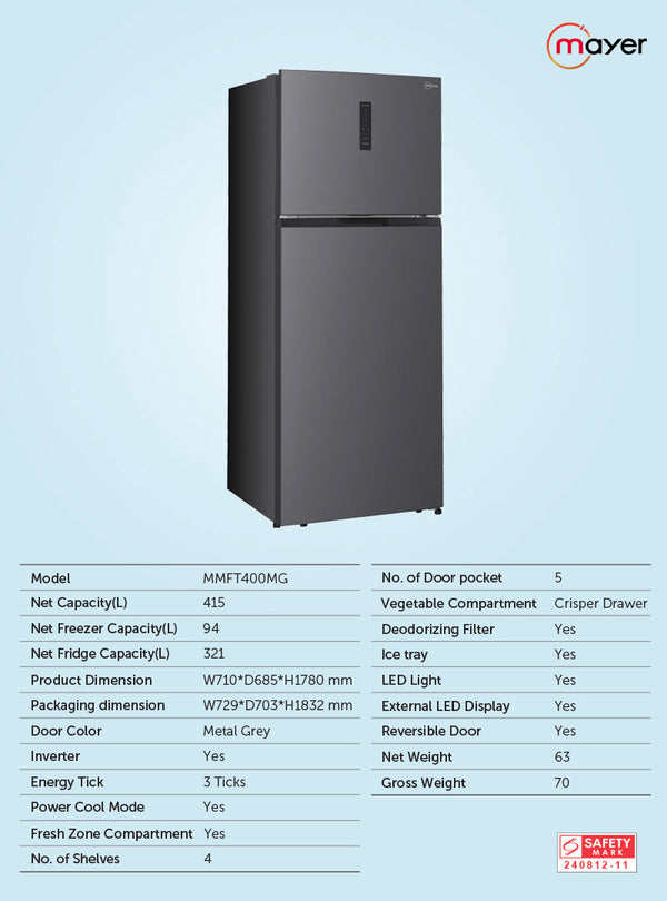 415L 2-Door Frost Free Top Mount Freezer Fridge Specification