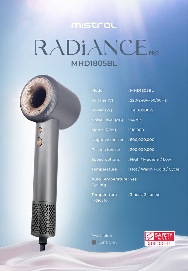 Radiance Pro - BLDC Compact High Velocity Hair Dryer Luna Grey Specification