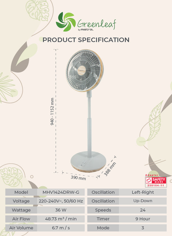 14” DC High Velocity Stand Fan with WIFI & Remote Specification