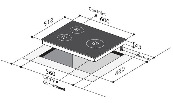60cm 3 Burner Glass Gas Hob Specification