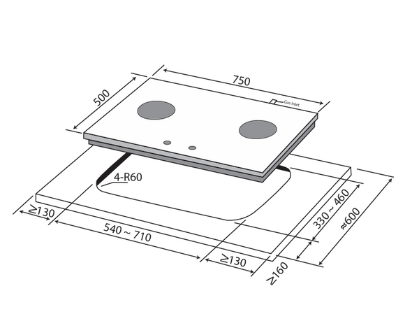 75cm 2 Burner Glass Gas Hob Specification