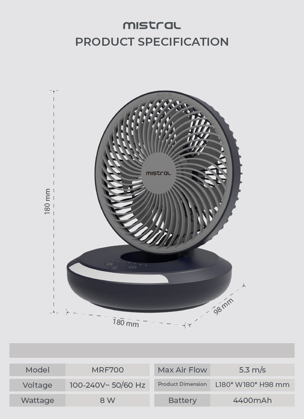 AirZee Plus - 6" Rechargeable Foldable USB Fan with Moodlight Specification