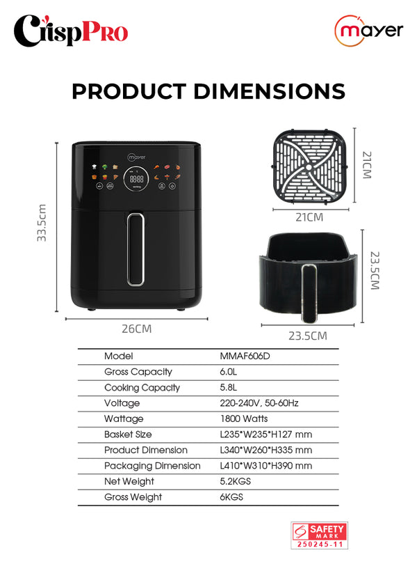 CrispPRO 6L Double Heating Air Fryer with Mist Specification