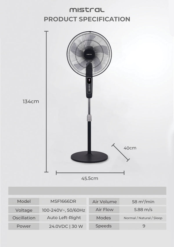 16" DC Stand Fan with Remote - Black Specification