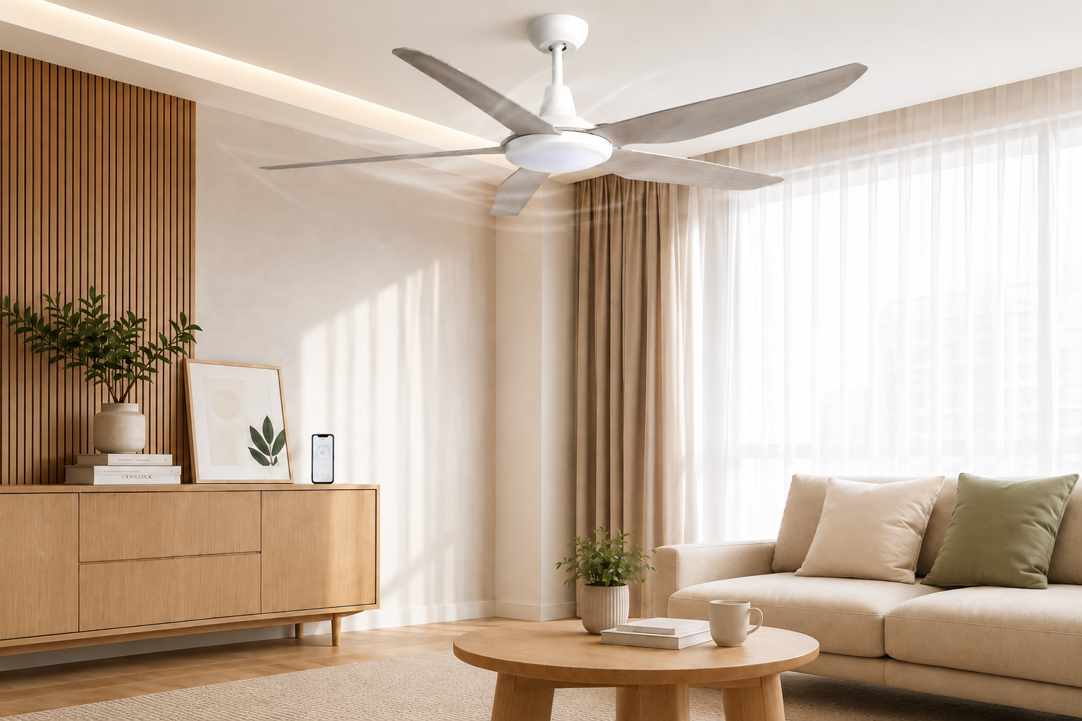 Mistral smart ceiling fan bringing comfortable airflow to a modern living room