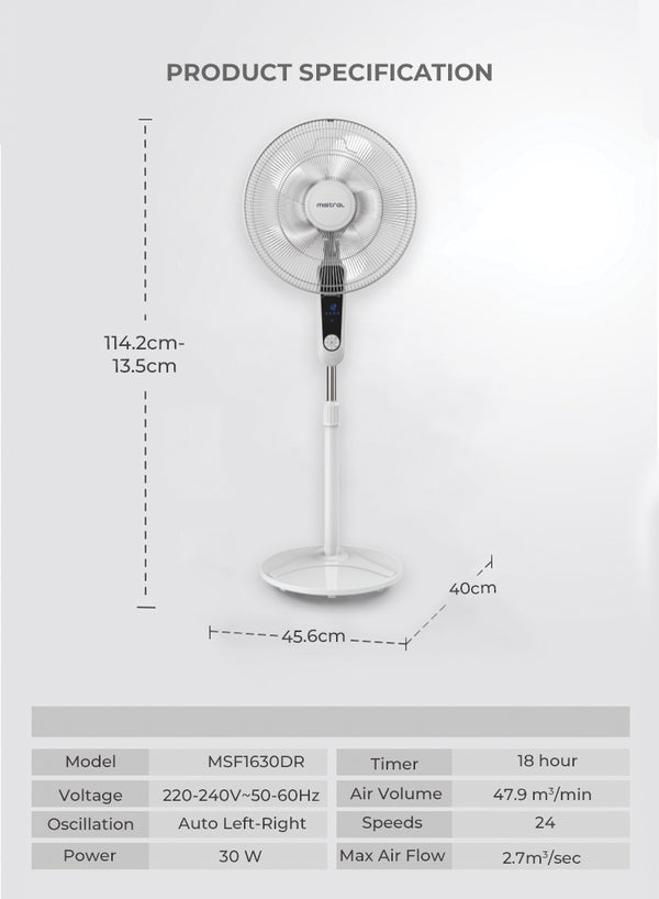 16” DC Stand Fan with Remote Specification