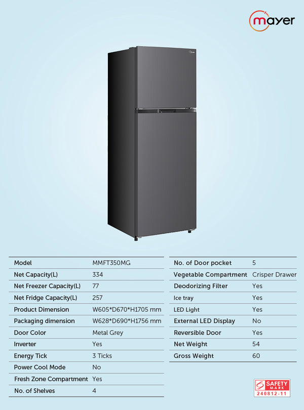 334L 2-Door Frost Free Top Mount Freezer Fridge Specification