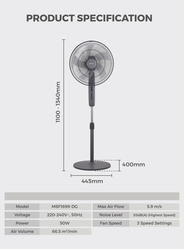 16" AC Stand Fan 5 ABS Blade Specification