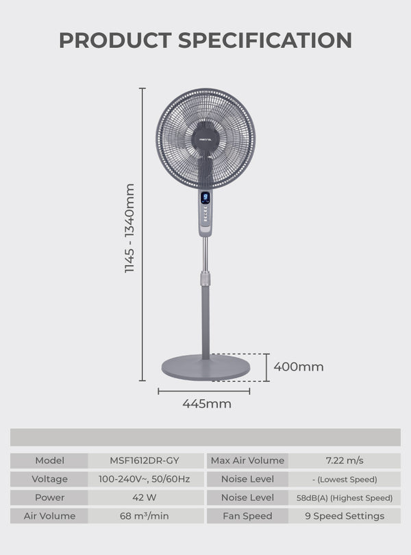 16” DC Stand Fan With Remote Specification