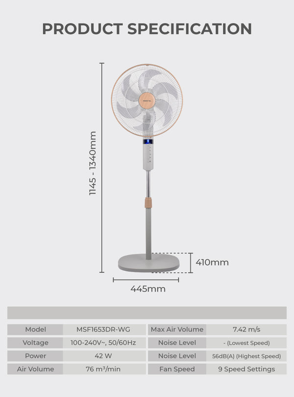 16” DC Stand Fan With Remote Specification