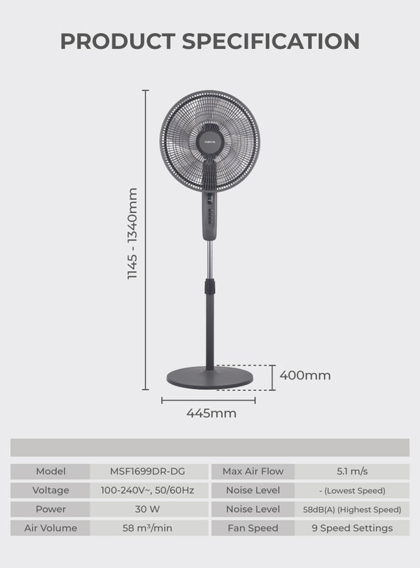 16" DC Stand Fan With Remote Specification