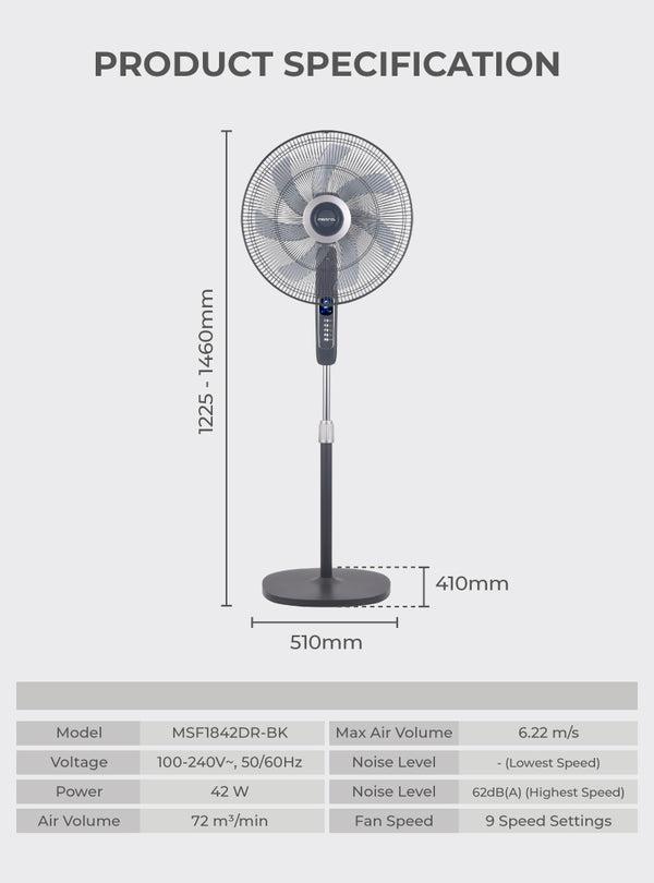18” DC Stand Fan With Remote Specification