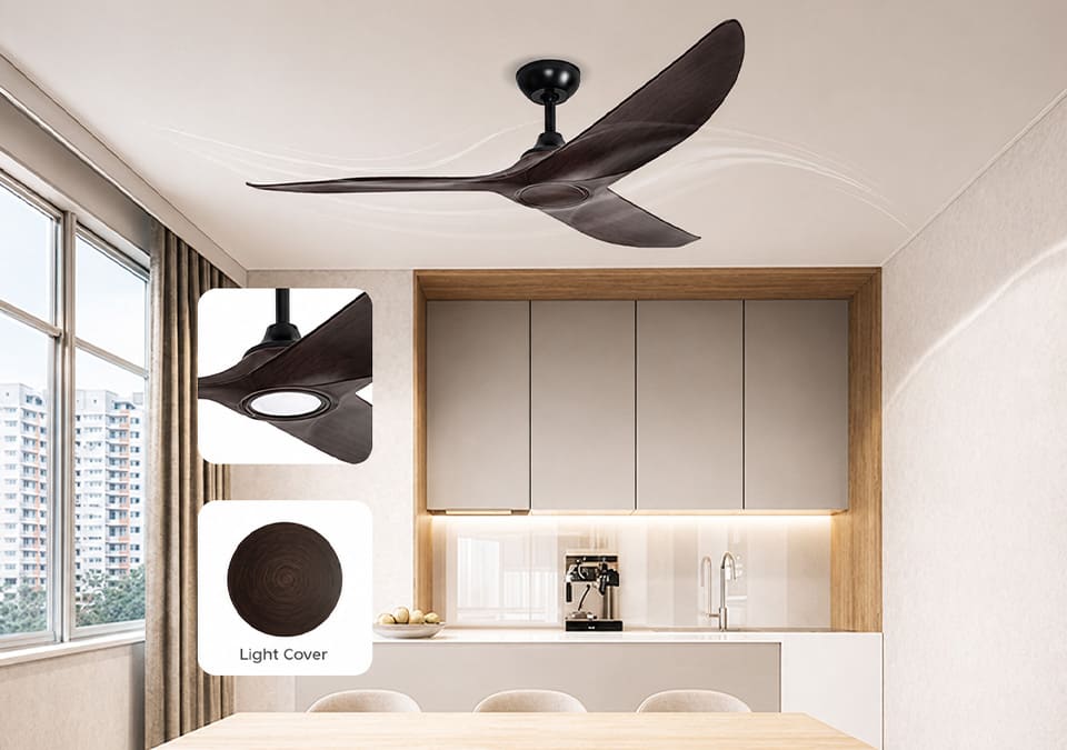A modern multi-blade ceiling fan with a dark brown finish is shown installed in a bright, contemporary kitchen. Two inset detail images on the left show a close-up of the light fixture and a circular swatch labeled 'Light Cover'.