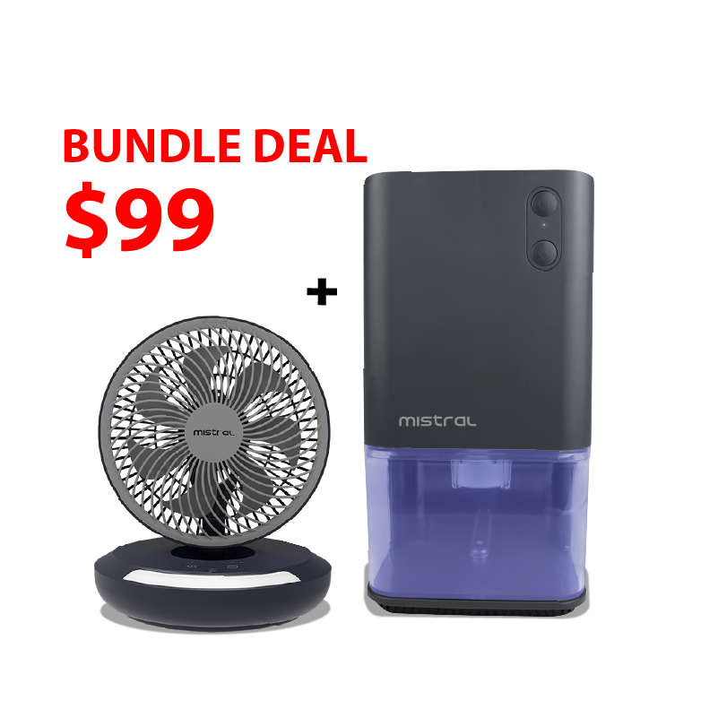 [10.10 Bundle of 2] 1.2L Tabletop Dehumidifier + AirZee Plus - 6" Rechargeable Foldable USB Fan with Moodlight