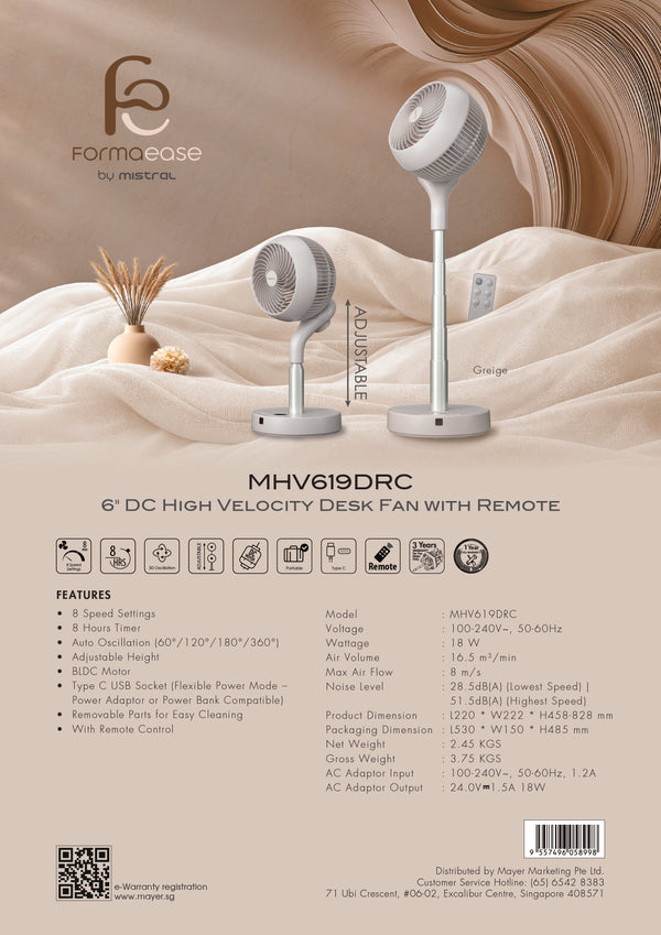6" DC High Velocity Desk Fan with Remote Specification
