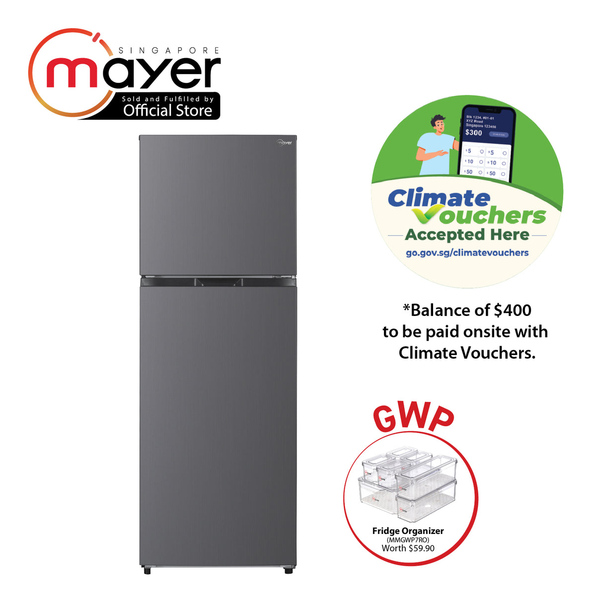 [Climate Voucher] 334L 2-Door Frost Free Top Mount Freezer Fridge