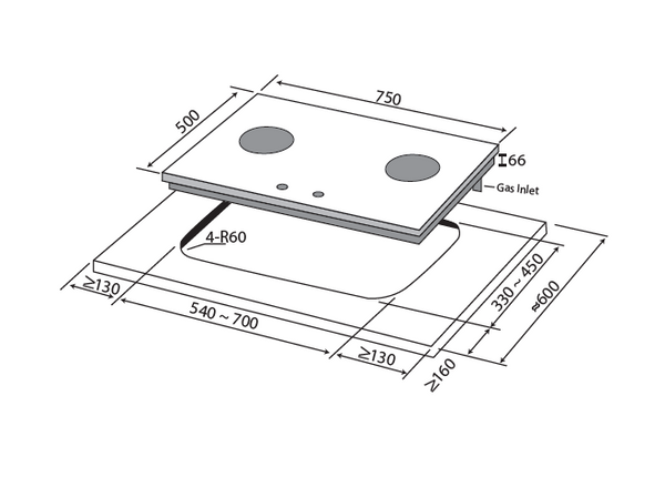 75cm 2 Zone Stainless Steel Gas Hob Specification