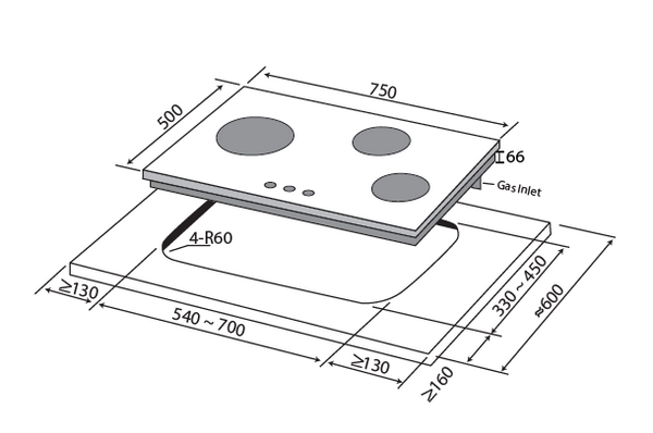 75cm 3 Zone Stainless Steel Gas Hob Specification