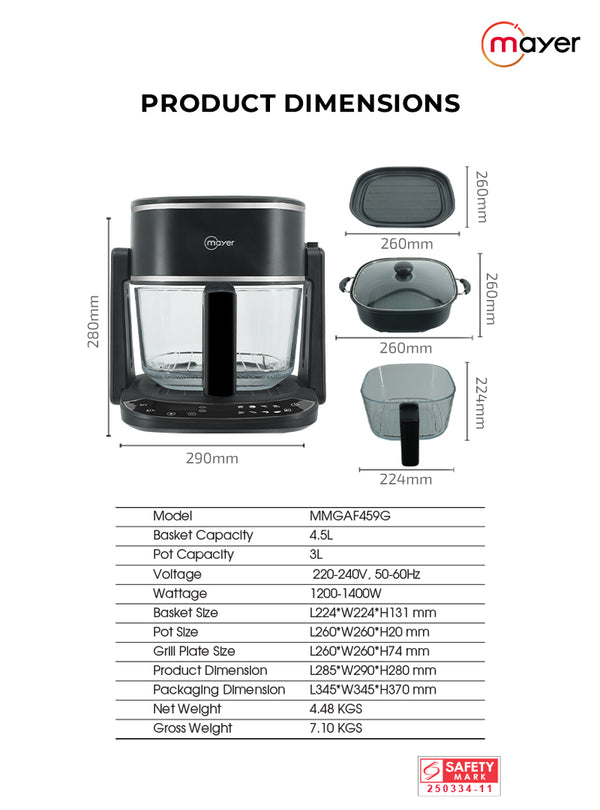 4.5L 3-in-1 Glass Air Fryer with Grill Specification