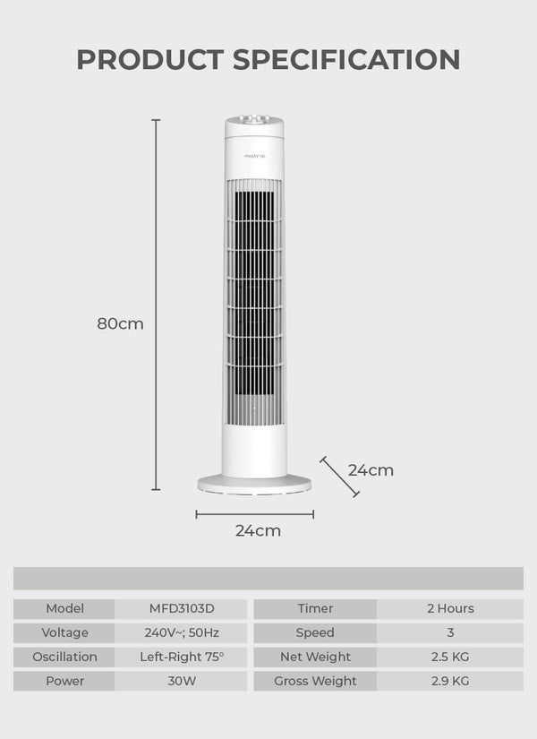 31" DC Tower Fan Specification
