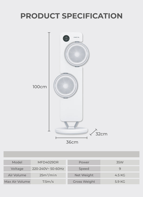 40” BLDC Dual Head Tower Fan with Remote and Ioniser Specification