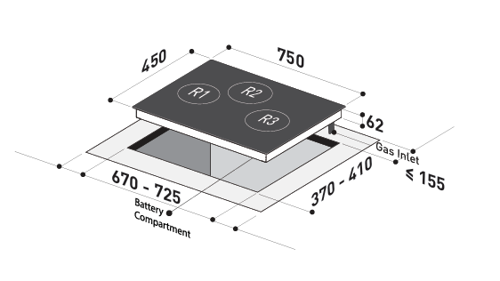 75cm 3 Burners Stainless Steel (Gun Metal Finishing) Gas Hob Specification