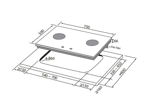 75cm 2 Burner Glass Gas Hob Specification