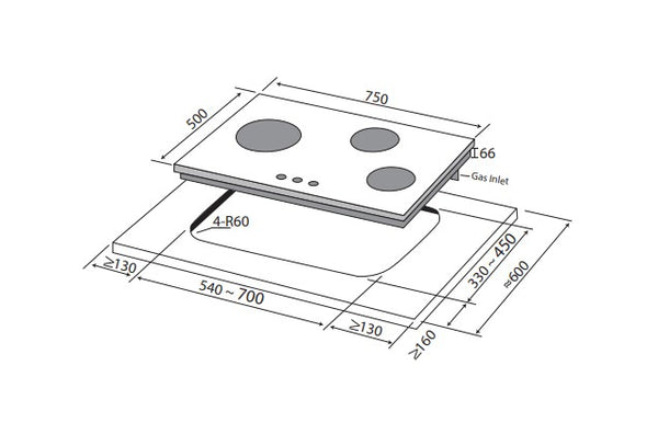 75cm 3 Burner Glass Gas Hob Specification