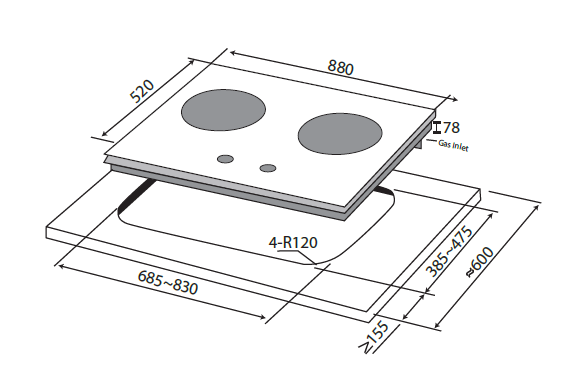 88cm 2 Zone Glass Gas Hob Specification