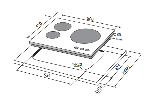 60cm 3 Zone Glass Gas Hob Specification