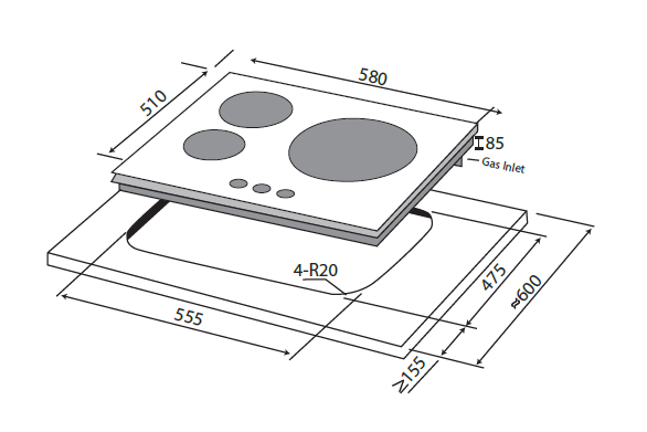 60cm 3 Zone Stainless Steel Hob Specification