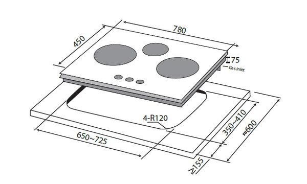 78cm 3 Zone Glass Gas Hob Specification