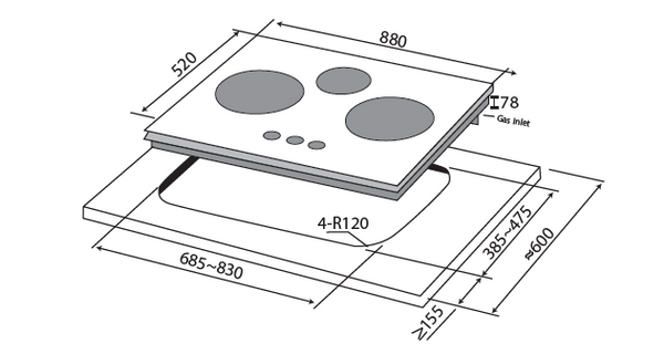 88cm 3 Zone Glass Gas Hob Specification