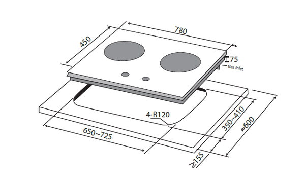 78cm 2 Zone Glass Gas Hob Specification