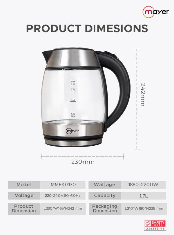1.7L Electric Glass Kettle Specification