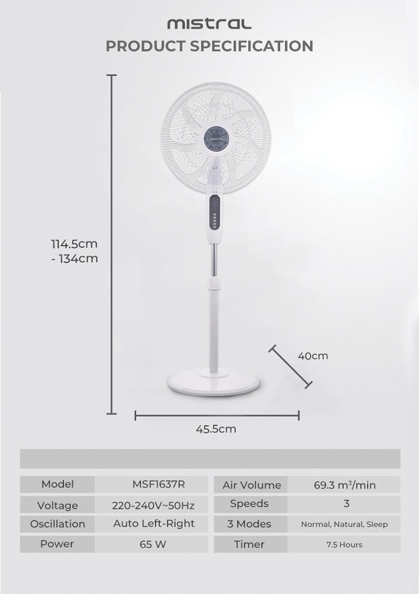 16” Stand Fan with Remote Specification
