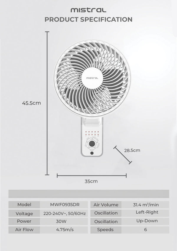 9" DC Wall Fan with Remote Specification
